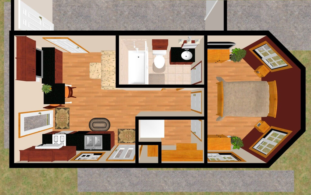 The 399 Sq Ft Sure Demure s 3D Top View Tiny House Trailer Small  - Tiny House Floor Plan Without Bedroom