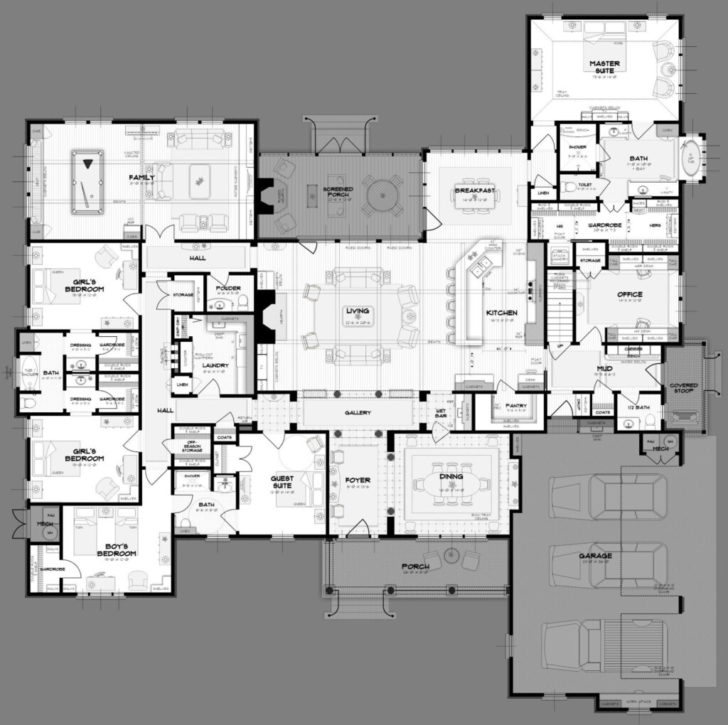 The Floor Plan For This Luxury Home Is Shown In Black And White With  - 5 Bedroom House Floor Plan With Master Bedroom