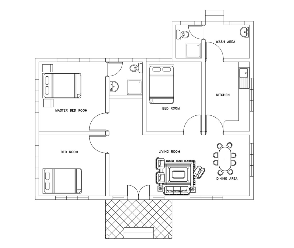 Three Bed Room Small House Plan DWG NET CAD Blocks And House Pan - 3 Bedroom House Floor Plans Free