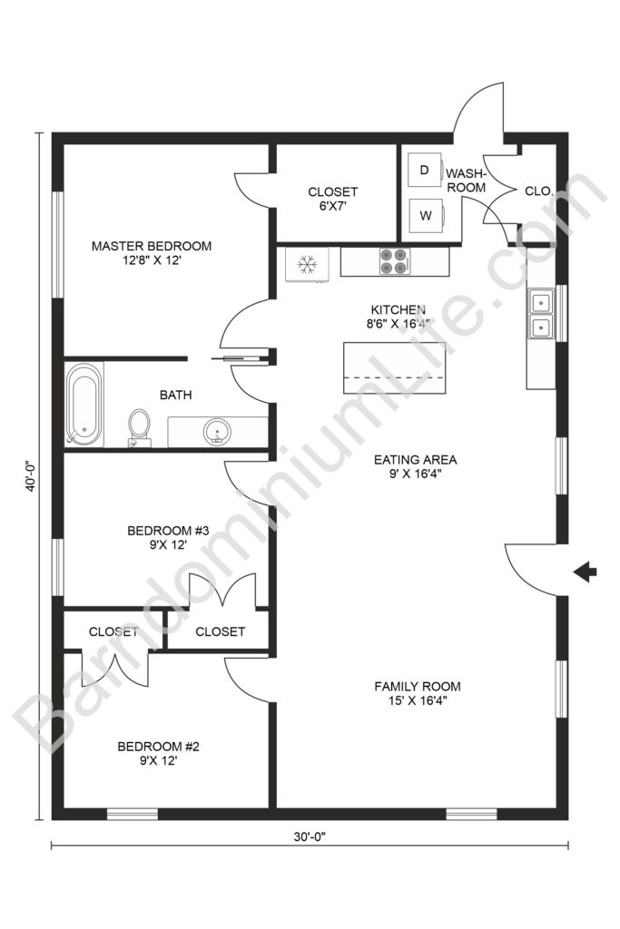 Three Bedroom 30X40 Barndominium Floor Plans Floorplans click - Three Bedroom 30x40 House Floor Plans