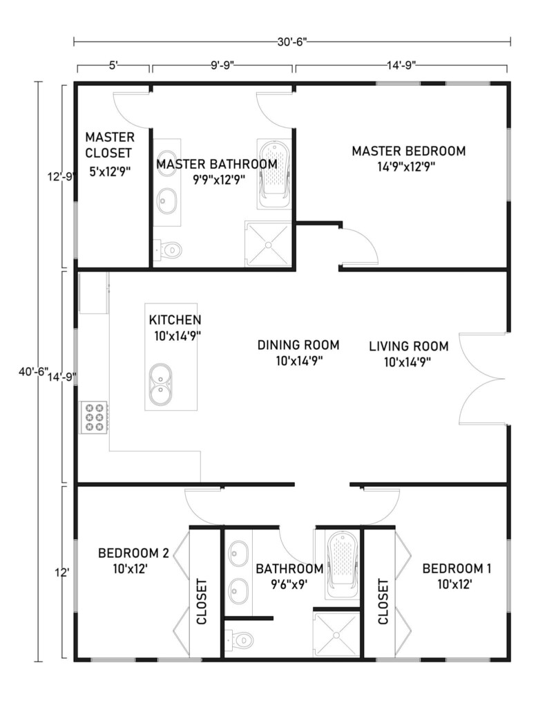 Three Bedroom 30x40 Barndominium Floor Plans - Three Bedroom 30x40 House Floor Plans