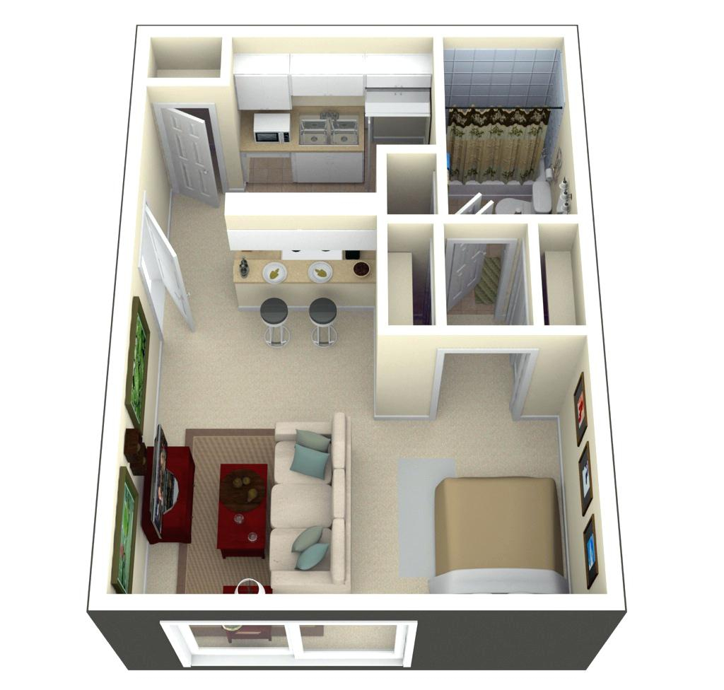 Tiny House Floor Plans And 3d Home Plan Under 300 Square Feet Acha Homes - One Bedroom Square Tiny House Floor Plans