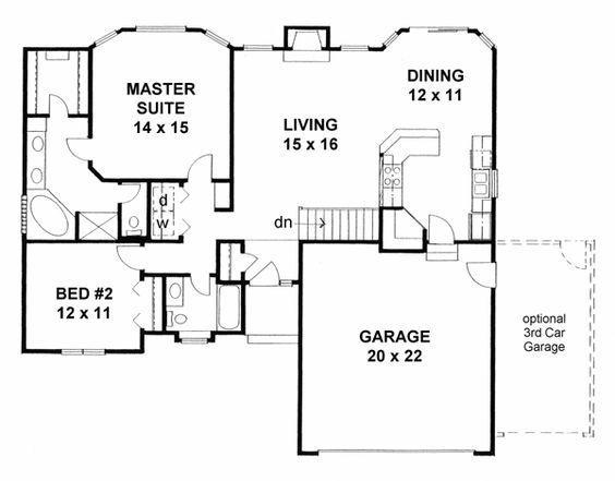 Traditional Style House Plan 62610 With 2 Bed 2 Bath 2 Car Garage  - 2 Bedroom House With Garage Floor Plans