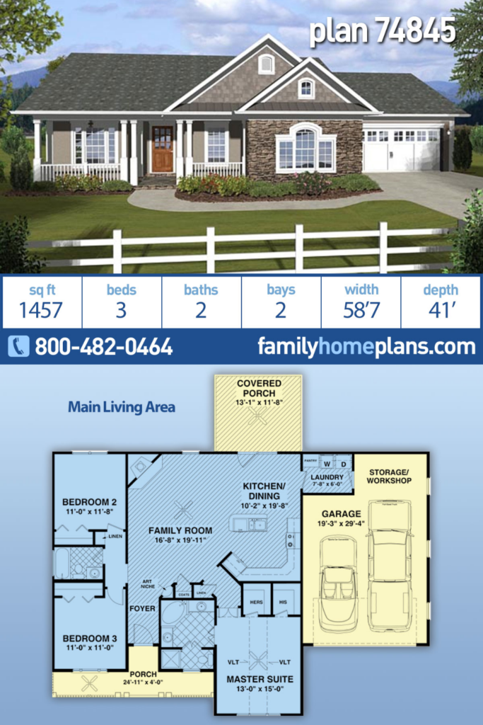 Traditional Style House Plan 74845 With 3 Bed 2 Bath 2 Car Garage  - 3 Bedroom 2 Bath Ranch House With Garage Floor Plans