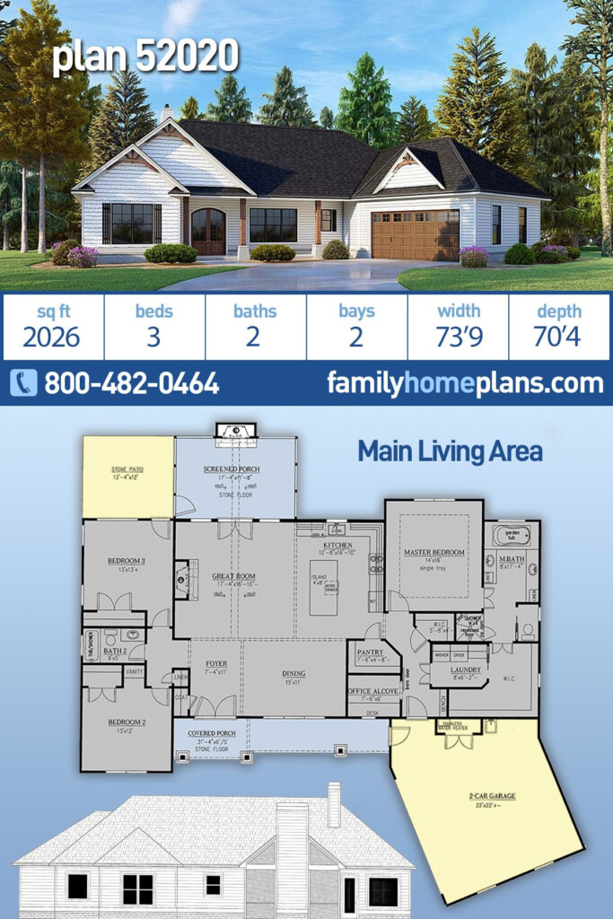 Traditional Three Bedroom Two Bathroom House Plan With Over 2000  - Floor Plans For Three Bedroom Two Bathroom Two Story House