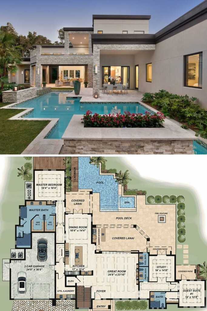 Trending Modern Florida Home Floor Plan Features White Brick And Stucco  - Forida 2 Bedroom House Floor Plan