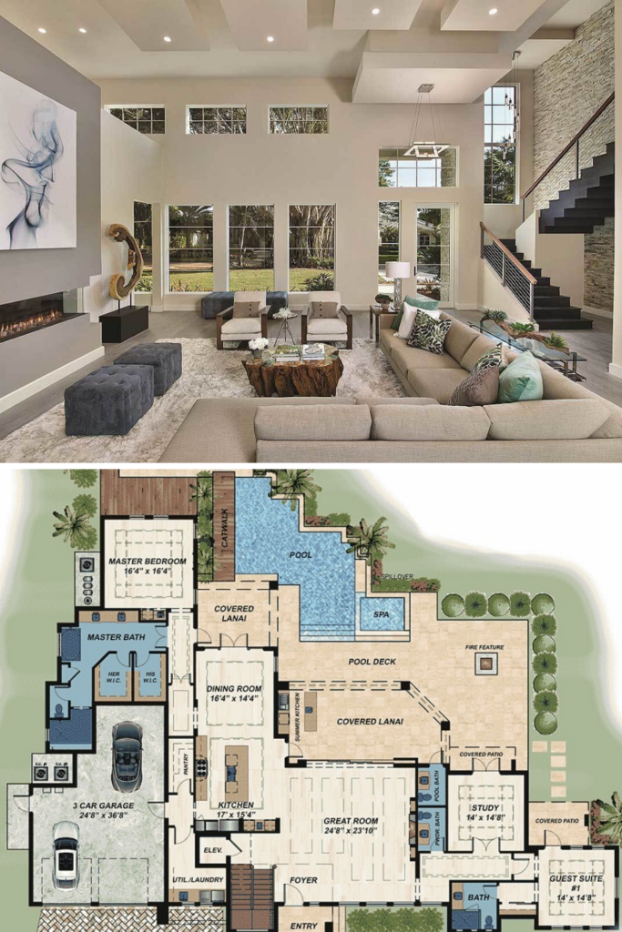 Trending Modern Florida Home Floor Plan Features White Brick And Stucco  - Forida 2 Bedroom House Floor Plan