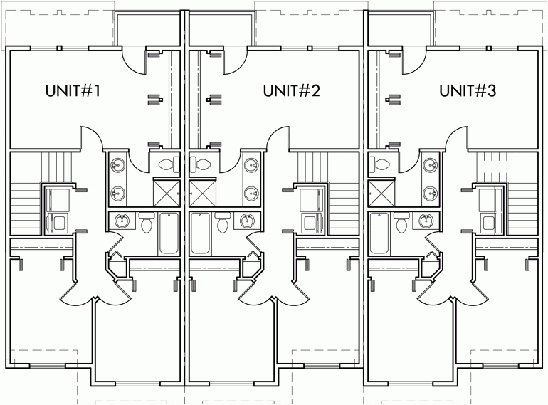 Triplex Multi Family Plan 3 Bedroom 1 Car Garage - 3 Bedroom 1 Car Garage House Floor Plans