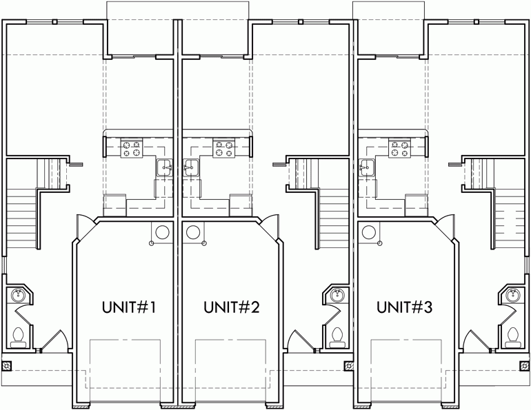 Triplex Multi Family Plan 3 Bedroom 1 Car Garage - 3 Bedroom 1 Car Garage House Floor Plans