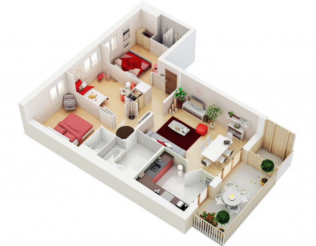 Two Bedroom House Plans In 3D Keep It Relax - One Floor House Design Plans 3d 2 Bedroom