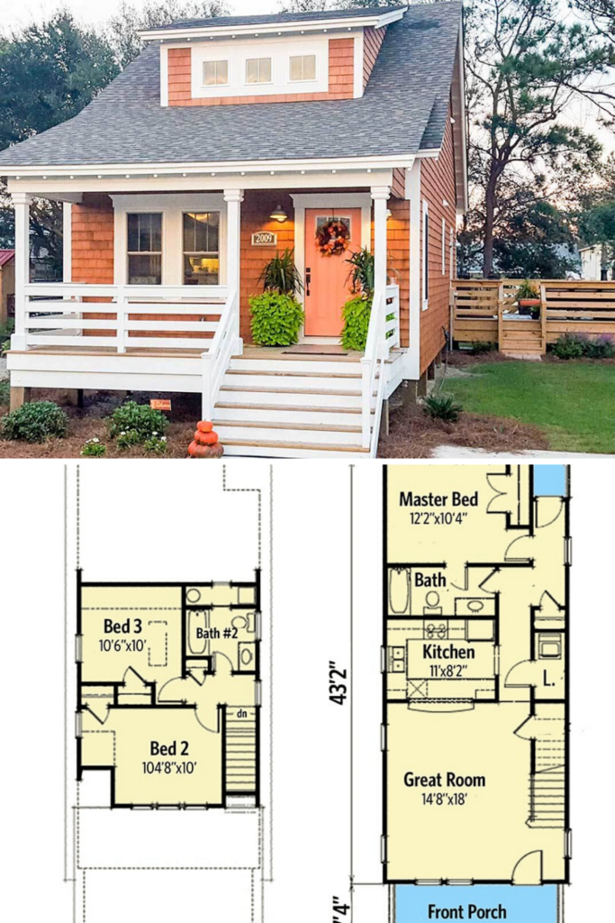 Two Story 3 Bedroom Bungalow Home Floor Plan Small Cottage House  - 3 Bedroom House Plan 2 Floor